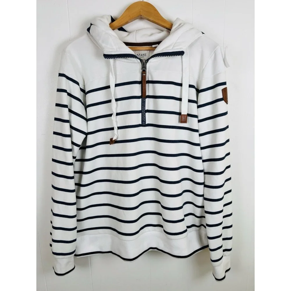 Wanakome Canada Hoodie XXL White Navy Blue Striped Nautical 1/4 Zip Pullover